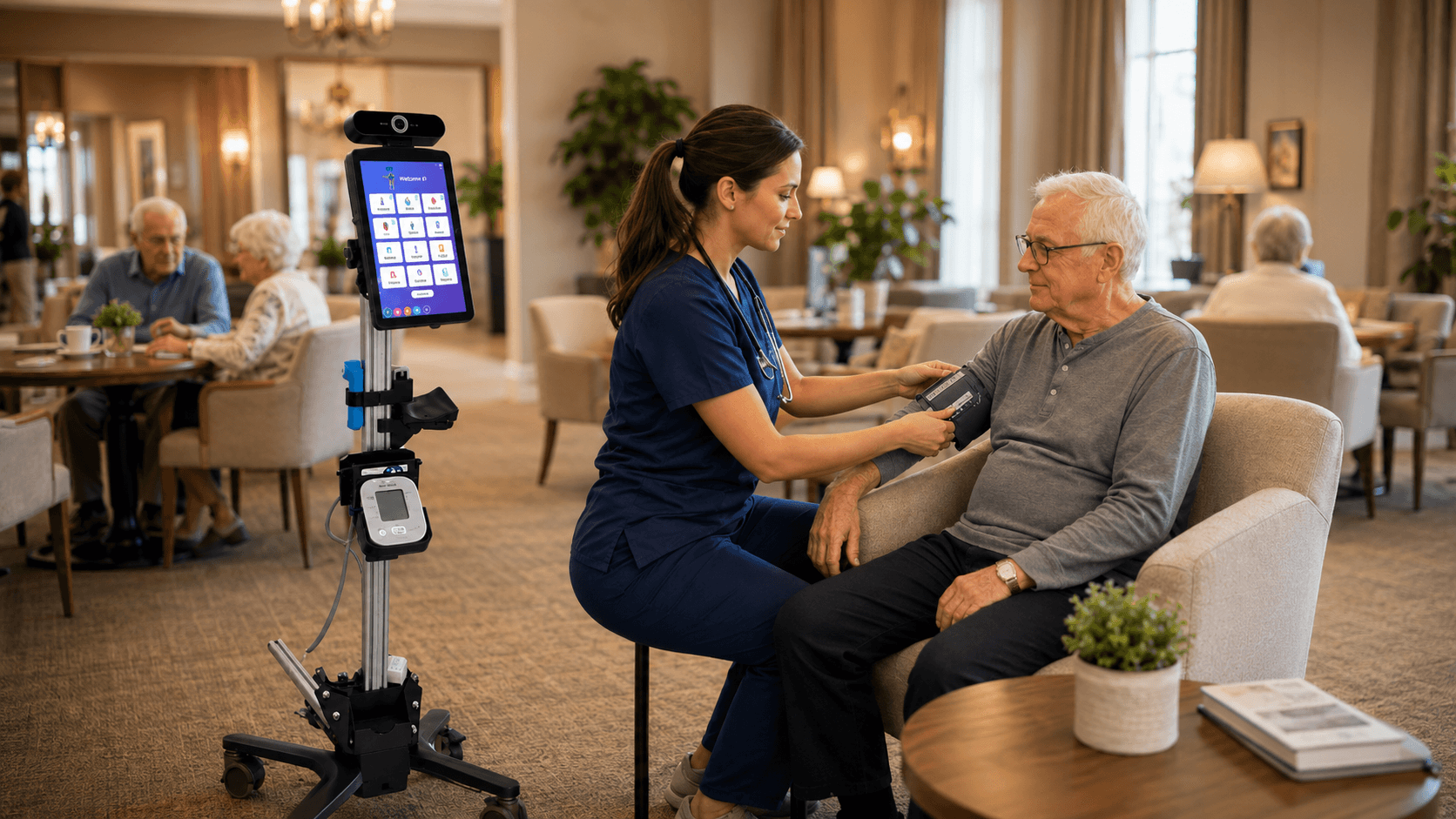 Nurse using MedSenseJR with a patient in a senior living setting